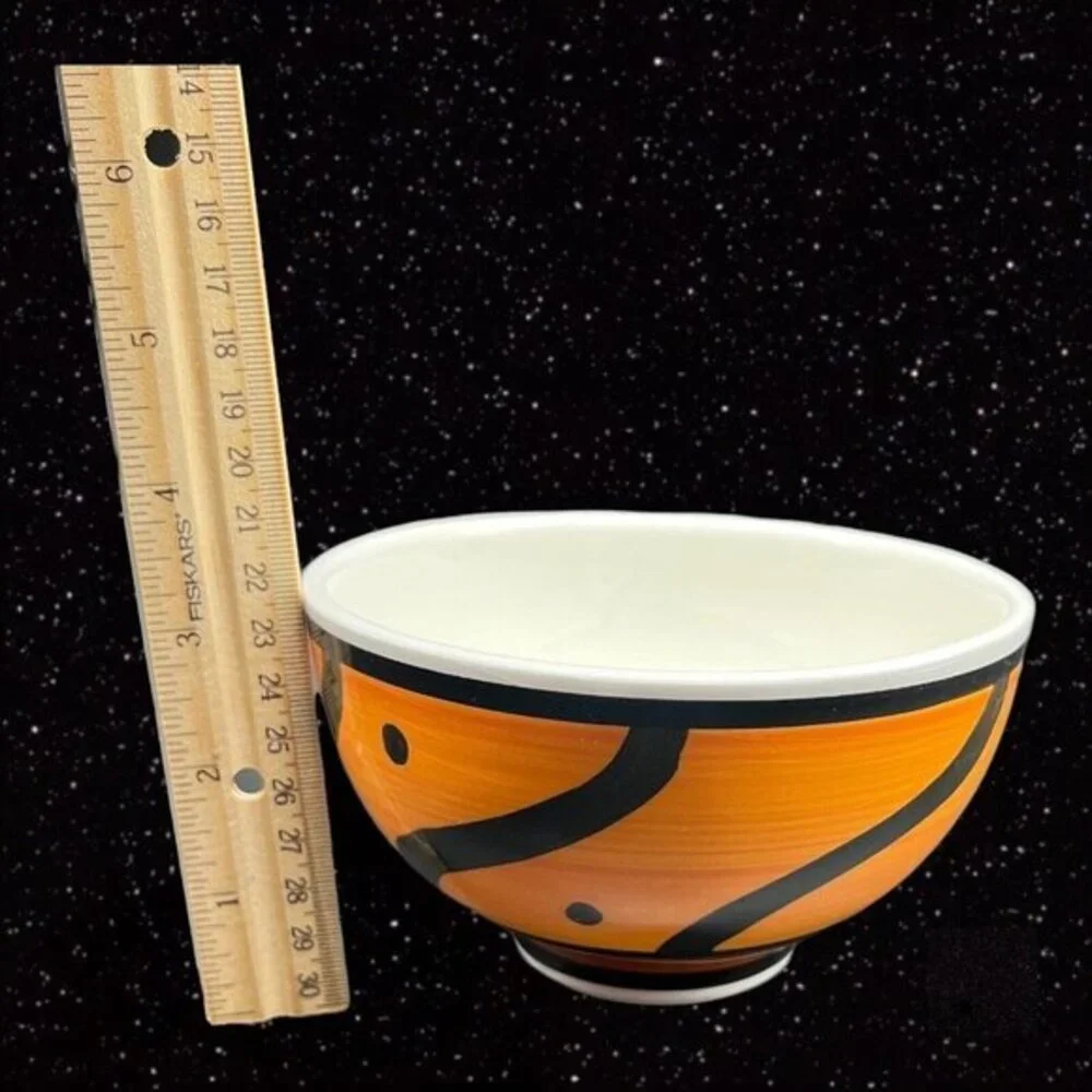 Pier 1 Hand Painted ITALY Orange & Black Cereal Bowl Set 4 Pcs Ceramic 3”T 5.5”W